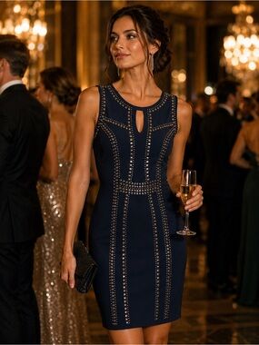 Alberto Makali Navy Studded Keyhole Sheath Dress